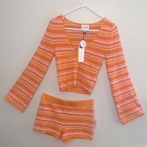 Short set woman’s Pink Rose Striped Orange and Pink or-bathing suit cover up.